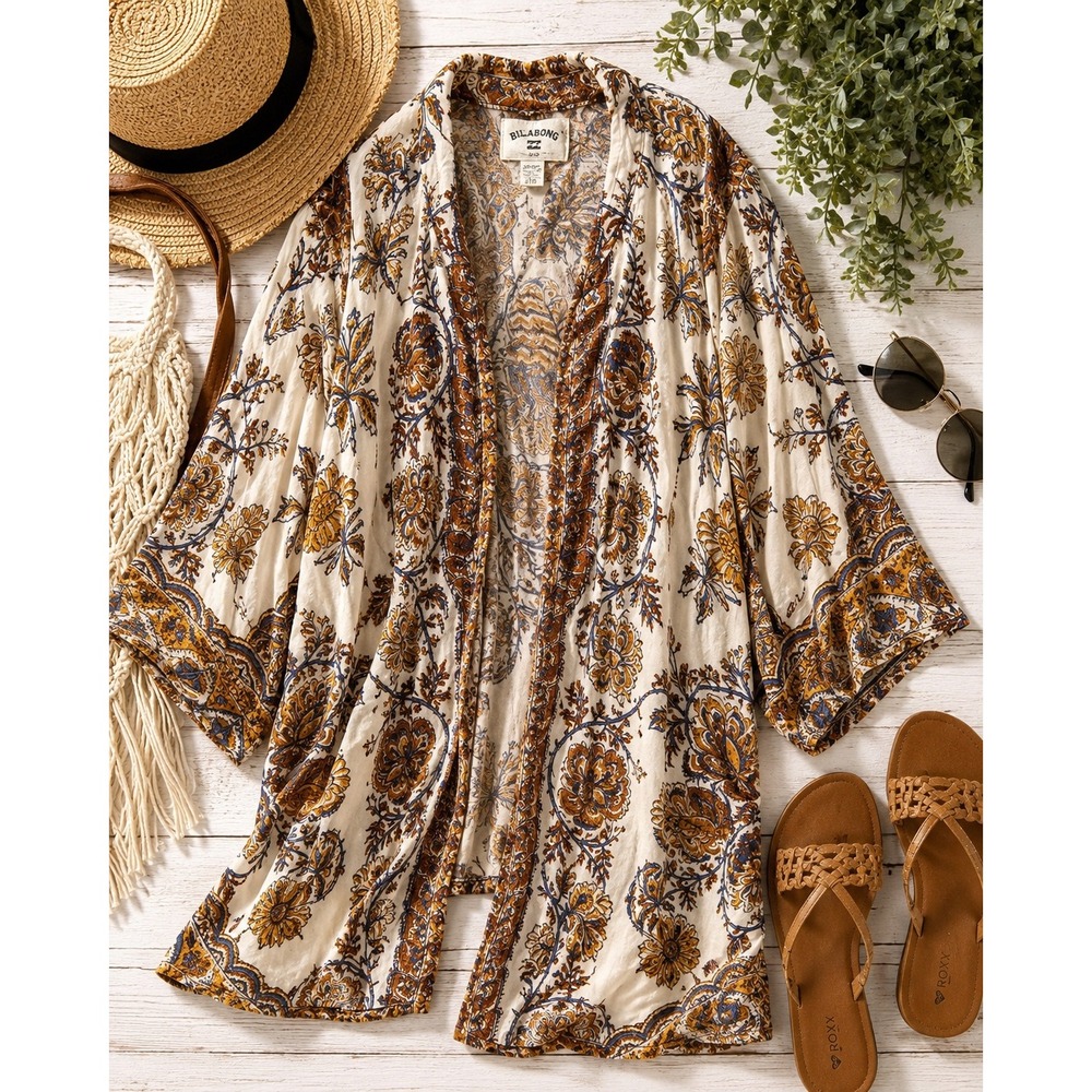 Billabong Kimono Cardigan‎ Womens S Brown Paisley Boho Open Front Festival